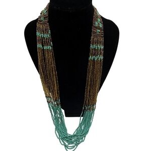 TANJORE Beaded Necklace Turquoise color Gold Brown Multi Strand Statement Bib